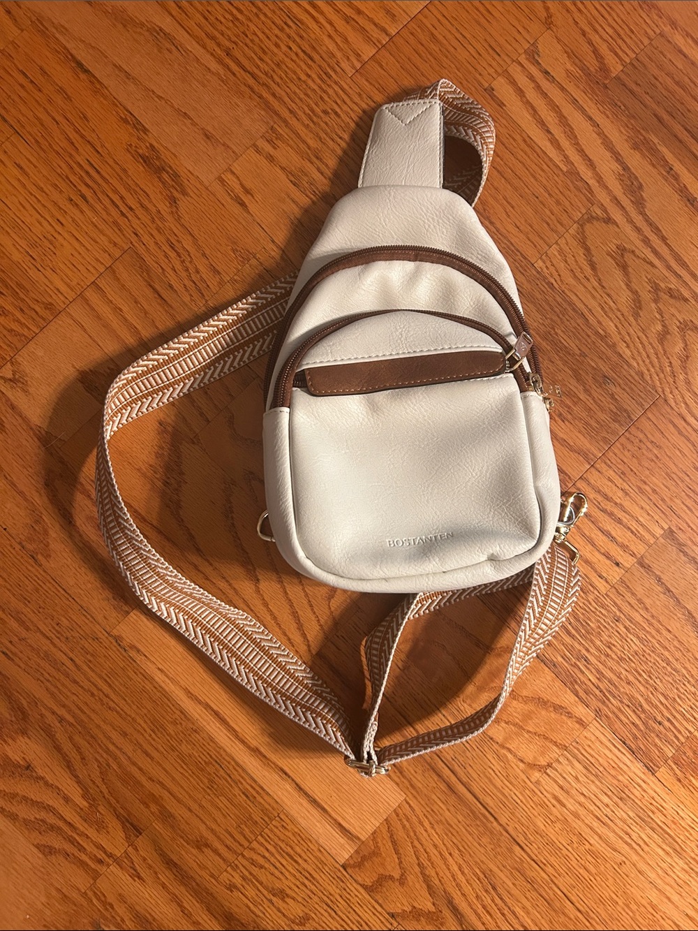 Cream Crossbody Sling Bag with Brown Trim - Women's Crossbody
